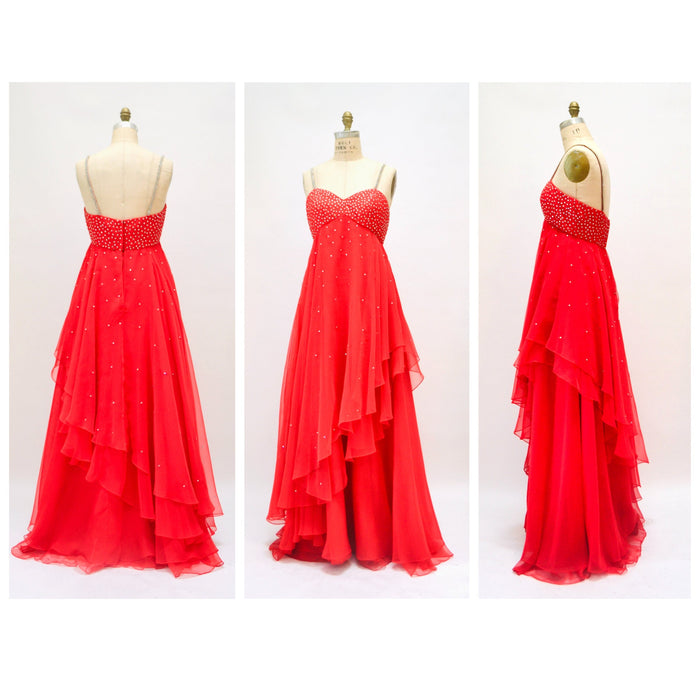 Vintage 70s Red Rhinestone Evening Gown Party Dress Chinese Wedding Dress 1970s Red Ruffle Dress with Rhinestones Empire Waist