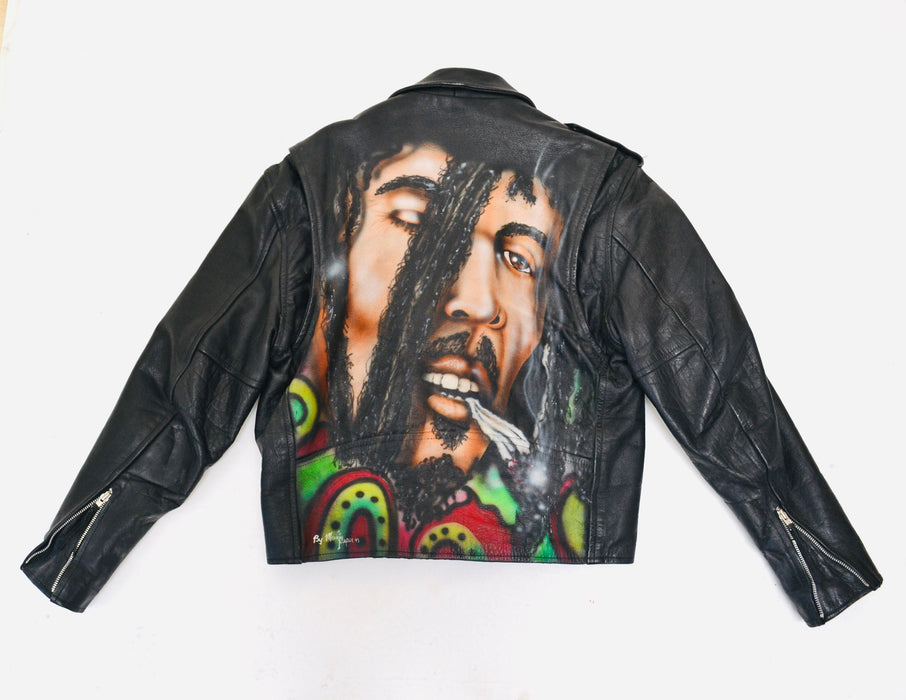 90s Vintage Black Leather Jacket with Bob Marley //Vintage Leather Jacket LA Roxx Bob Marley Reggae Music Air Brushed Painted Leather Jacket