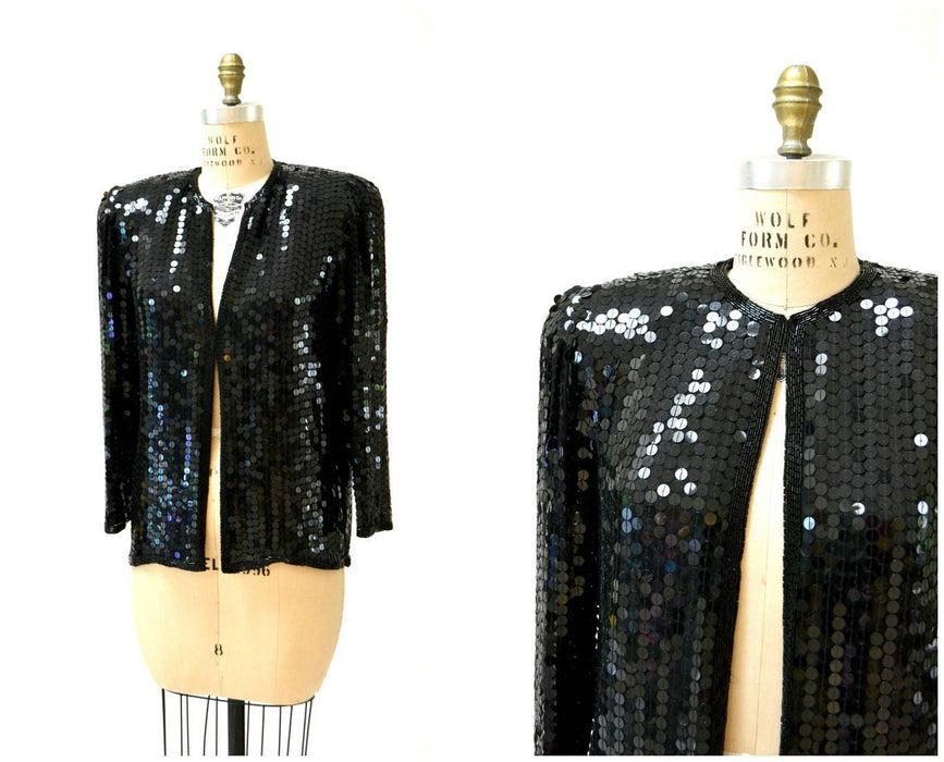 Vintage Black Sequin Jacket Small Medium// Black Silk Sequin Metallic Jacket 80s Trophy Sequin Jacket Small Medium