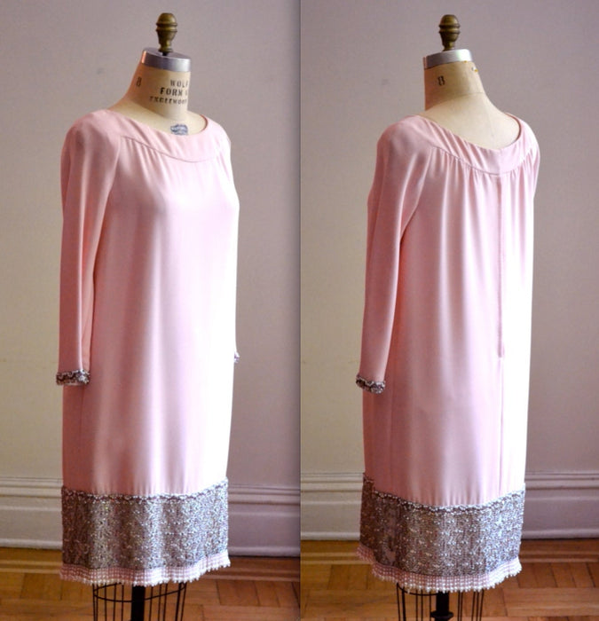 60s Vintage Beaded Dress Pink Rhinestone Mad Men Dress Large// Vintage Pink Beaded Rhinestone Party Dress 60s 70s Vintage GLam Dress