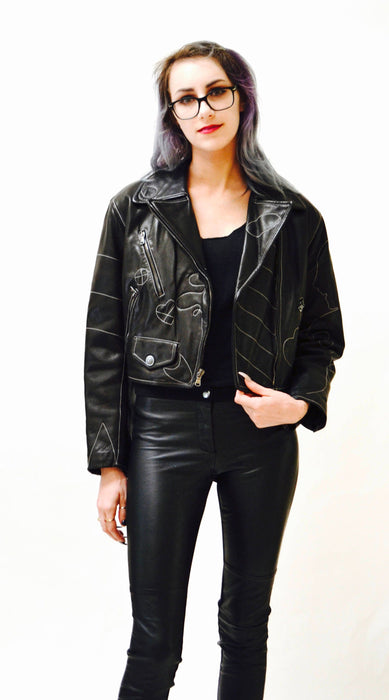 Vintage Black Leather Motorcycle Jacket by Moschino Leather Oops Heart Made in Italy// 90s Black Leather Jacket Biker Medium Large
