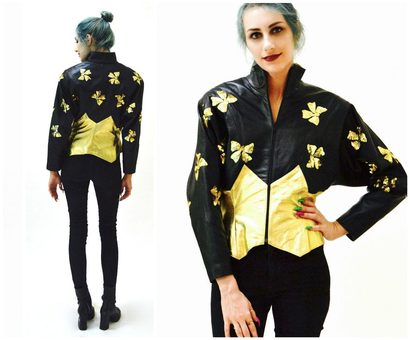 Vintage Sequin Leather Jacket Black and Gold Metallic Sequin Jacket Bows 80s Glam Leather Jacket by Lillie Rubin Size Small Medium