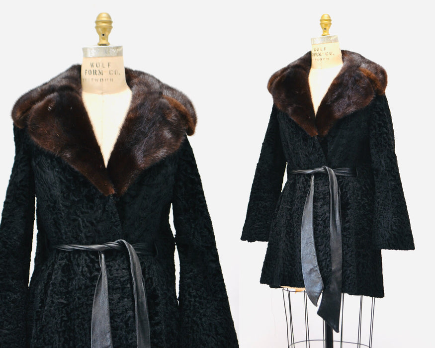 Vintage Black Persian Lamb Mink Fur Collar Coat Jacket Black Brown Broadtail leather Belted Jacket Trench Small Medium By Galleries Furs