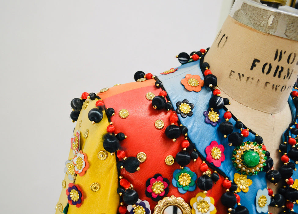 Vintage 90s Moschino Leather Jacket Gold Metallic 1991 Spring Summer Moschino Studded Leather Jacket Red Blue Green Yellow Made in ITaly