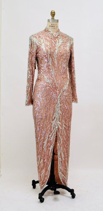 80s 90s Bob Mackie Vintage Pink Silver Beaded Sequin Gown Dress Pink Long Sleeve Sequin Gown Cher Sequin Dress XS SMALL Wedding