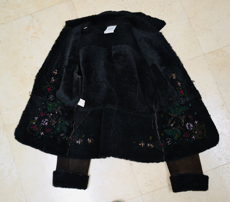90s 00s Y2k Vintage Moschino Cheap and Chic Embroidered Shearling Sheepskin Jacket Afghan Coat Brown Purple Flower Jacket Small Medium