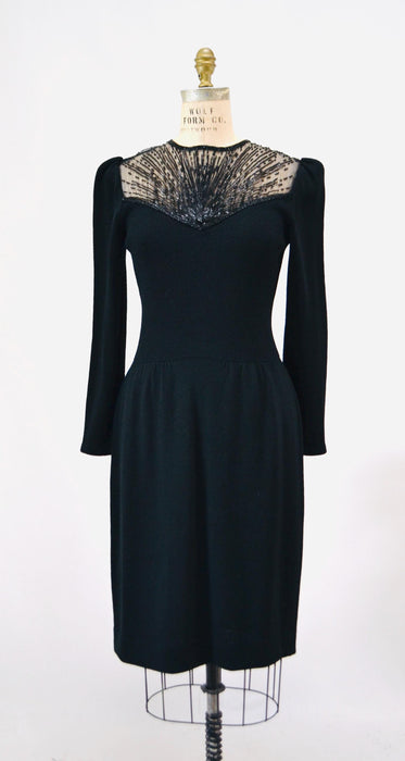 80s Vintage St John Dress Black Knit Dress By St John Beaded  Knit Long Sleeve Dress // 80s Black Sweater Knit Party Dress Small Medium