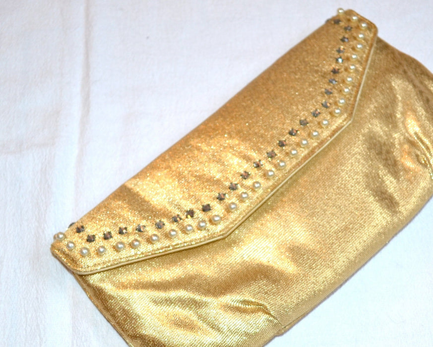 Vintage Gold metallic Clutch Purse bag Rhinestones and Pearls// Vintage Metallic Clutch// Metallic Gold Wedding Evening Bag purse clutch