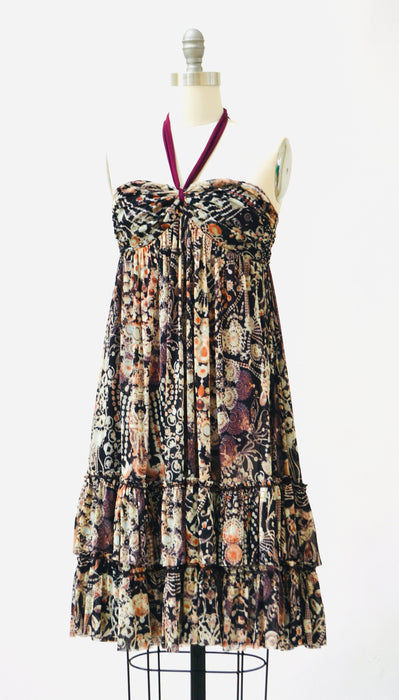RARE 90s 00s Vintage Jean Paul Gaultier Soleil Sleeveless Mesh Dress Small Made in Italy Halter Neck Jewelry Jewel Print Babydoll Dress