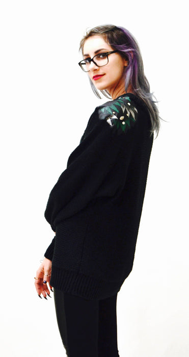 Vintage 80s Black Sweater Metallic studs rhinestones and faux leather SIze Medium Jumper Pull over 80s Glam Black Sweater