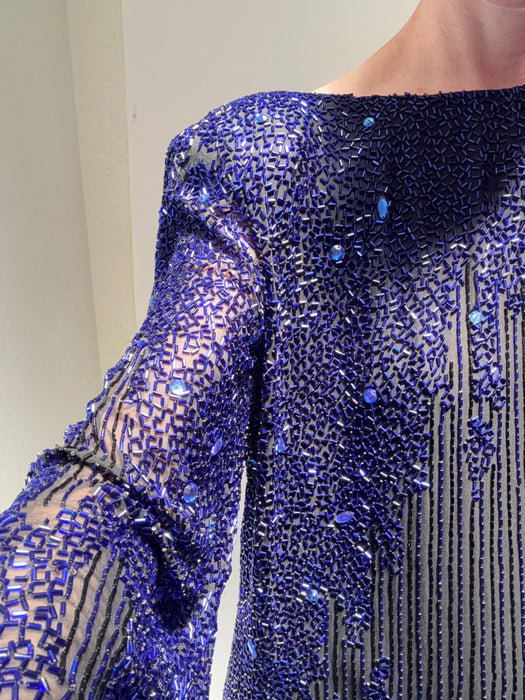 80s 90s Vintage Beaded Sequin Gown Dress Medium Large By Bob Mackie Blue Black Rhinestones Long Sleeve Blue Beaded Conservative Draped Gown