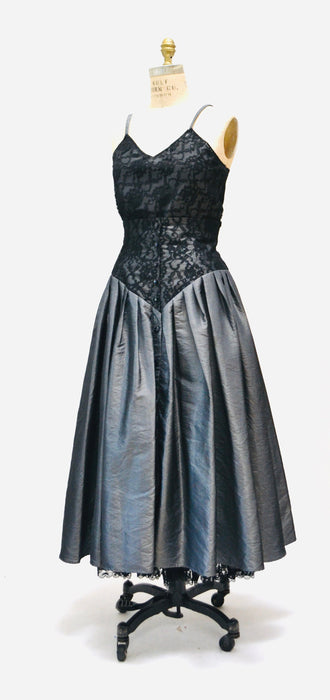 Vintage 80s 90s Black Grey lace Crinoline Skirt and Top Small Medium 80s Prom Madonna Dress// 80s Grey Taffeta Lace Party Dress Skirt Top