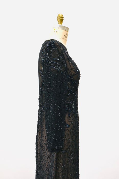 90s Vintage Black Beaded Sequin Party Dress Medium Large// 80s 90s Pageant Formal Black beaded Dress long sleeves Large Silk LIllie Rubin