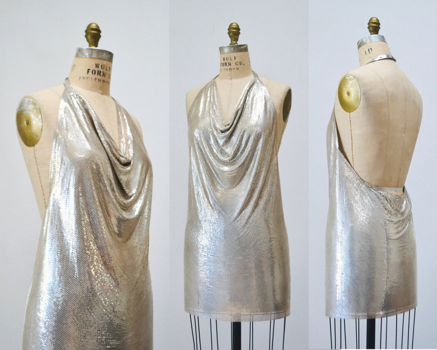 70s 80s Vintage Silver Metal Mesh Dress Whiting & Davis Small Metallic Chainmail Silver Halter Neck Dress Whiting and Davis Wedding Disco