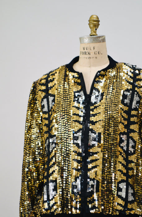 Vintage 80s 90s Gold Sequin Party Bomber Jacket Metallic Jacket Medium large// Vintage 80s 90s Party Metallic Gold Silver Sequin Jacket