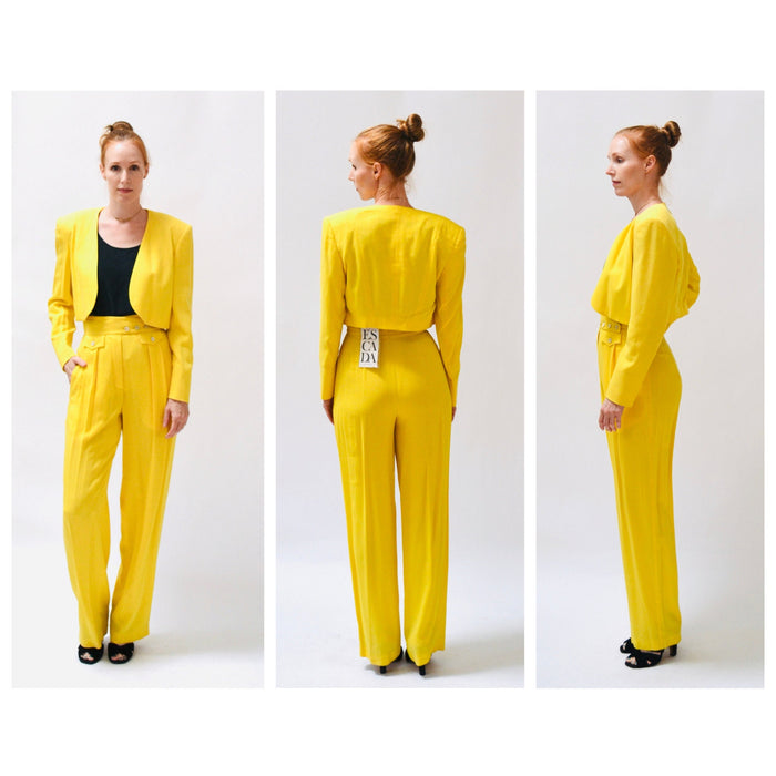 90s Vintage Yellow Suit By ESCADA Medium Yellow Cropped Bolero Jacket and High waisted Pants // Vintage 80s 90s Yellow Pantsuit Suit Medium