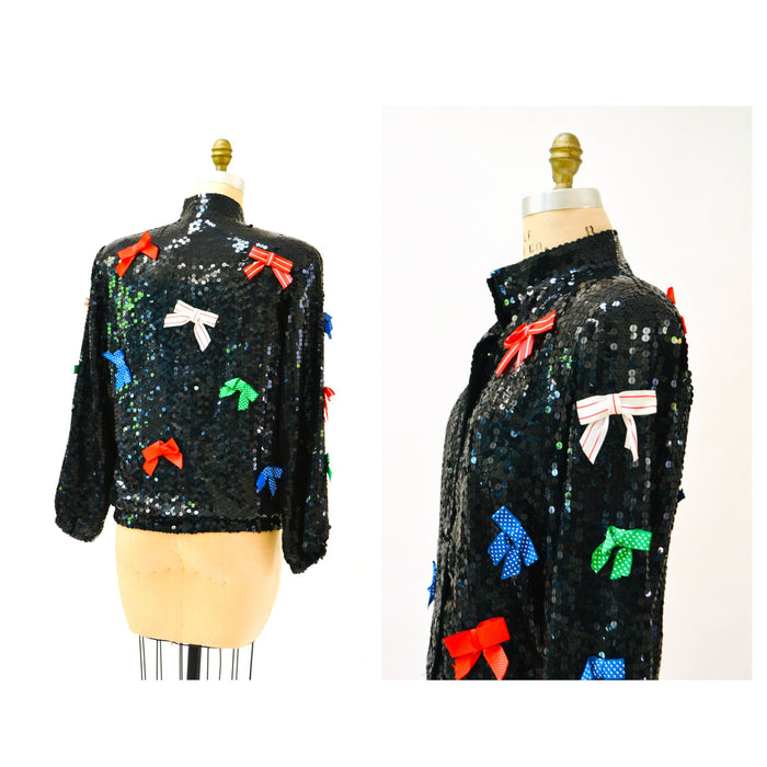 Vintage Black Sequin Jacket With Bows Ribbons 80s 90s Pop art Sequin Jacket Red Blue White Green Metallic Sequin Jacket Medium