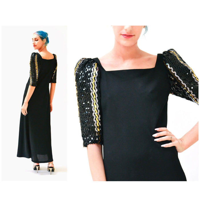 70s 80s Vintage Black Sequin Long Dress by Lillie Rubin Small Medium// Vintage Disco Metallic Silver Gold Black Sequin Dress Evening Gown