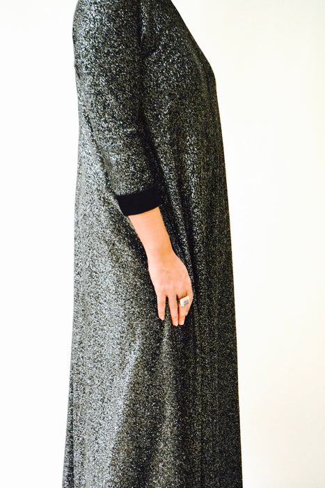 70s Vintage Metallic Dress Black Silver Night Gown Caftan Maxi Dress Medium Large// Vintage Silver Black Metallic Dress Robe by Loll Ease