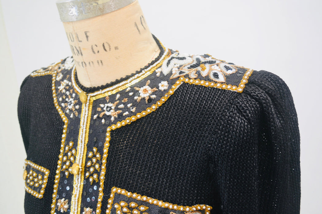 80s 90s Glam Vintage Black Gold Beaded Sequin Sweater Small Medium By Elizabeth New York Black Gold Metallic Beaded Sequin Pull Over Jumper