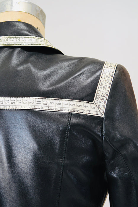90s Vintage Black Leather Jacket by Moschino Leather Small Made in Italy// 90s Black Leather Jacket Tape Measure Trim Designer Seamstress