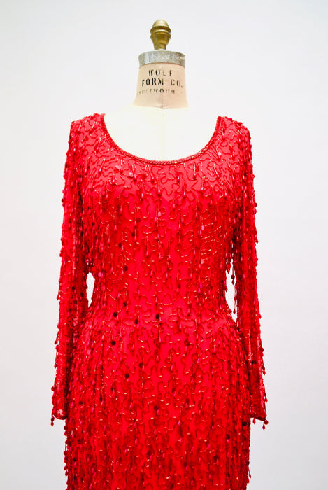 90s Vintage Red Sequin Beaded Fringe Dress Medium Black Tie Oleg Cassini// Vintage Red showgirl Dress Beaded Fringe Dress Medium Large