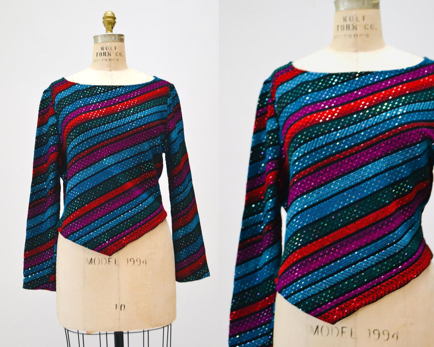 80s Vintage St John Striped Sweater Top Red Black Metallic Cropped Sweater Knit Medium Large St John Evening Party Top Striped Long Sleeves