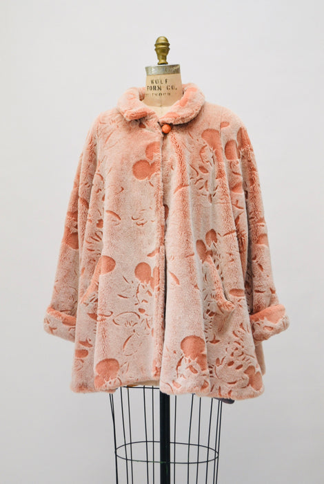 Vintage Pink Faux Fur Jacket Coat with Mickey Mouse Disney 90s Animal Print Peach Faux Fur Coat by Apparence Paris Medium Large