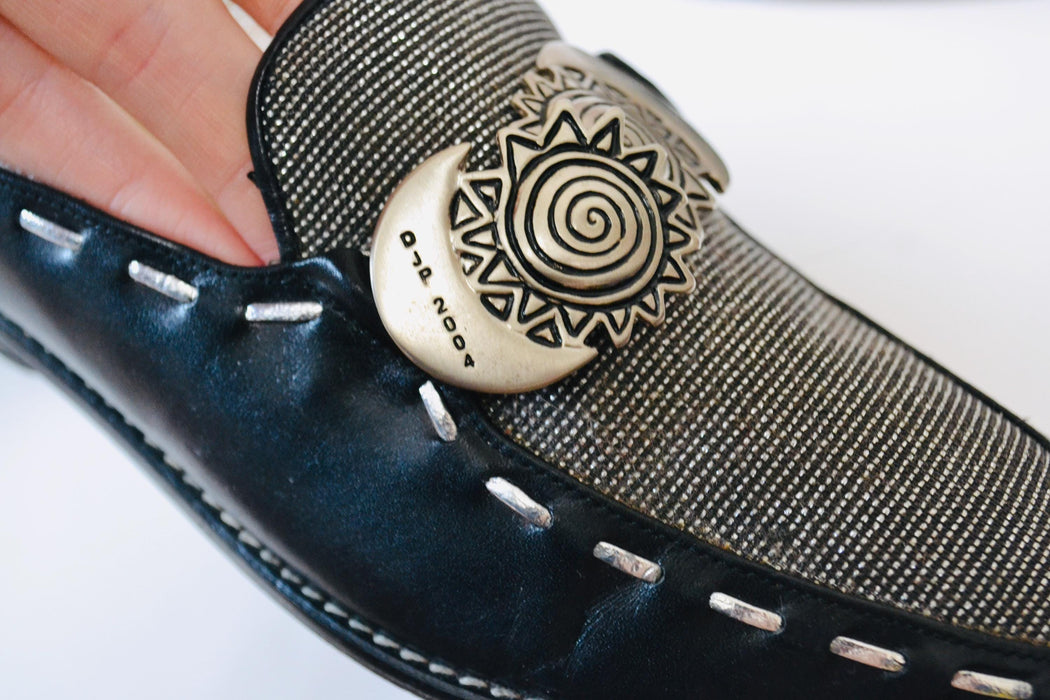 00s Y2K Vintage Black Silver Slides Mules Shoes 6 1/2 Vintage Black Silver Shoes Mules by Donald Pliners Moon Sun BLack Flats Mules 6 1/2