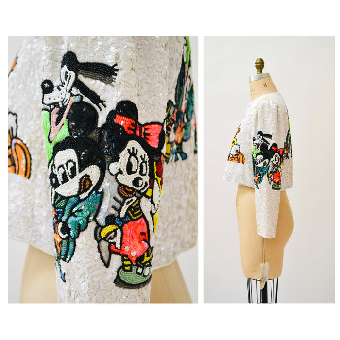 Vintage Jeanette Kastenberg Platinum Beaded Jacket Disney Mickey Minnie Mouse Donald Duck Beaded Bolero Jacket Comic Cartoon Small Medium
