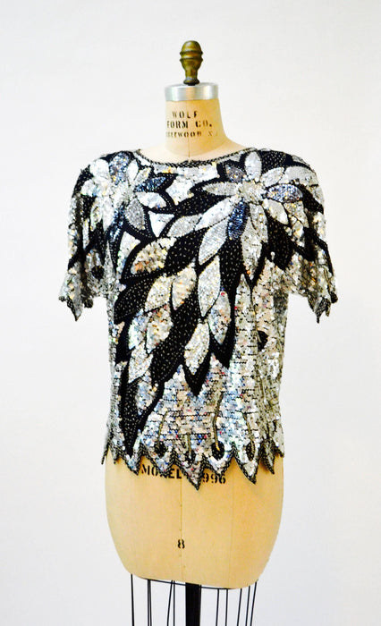 Vintage Silver Sequin Shirt Top Metallic Silver Black Art Deco Flapper Inspired// Vintage Flapper Beaded Shirt Top Silver Black Sequins
