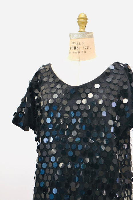 80s 90s GLAM Vintage Black Sequin Shirt Tunic Dress Large Fringe Sequin Beaded Pallet Sequin Top 80s 90s Party Top Cocktail Dress Large