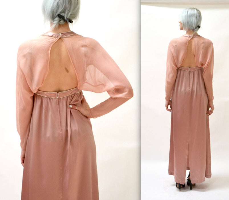 70s 80s Vintage Draped Goddess Gown Pink Silk Small// 80s Vintage Wedding Evening Gown Dress Grecian Bride in Pink Silk with Rhinestones