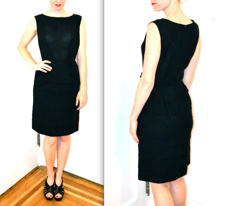 60s Vintage Little Black Dress Size Medium// 60s Vintage Pleated Dress Size Medium// Vintage Black Party Sleeveless Sheath Dress