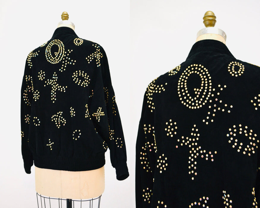 90s Vintage Black Leather Jacket Gold Studded Rhinestone Jacket By Kathrine Baumann  Black Suede 80s Glam LOVE Leather Jacket Medium Large