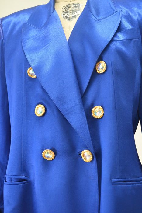 Vintage 80s 90s Cobalt Blue Satin Suit Jacket Blazer 90s Blue Barbie Power Suit Medium Large Rhinestone Buttons// 90s Glam Jacket  Criscione