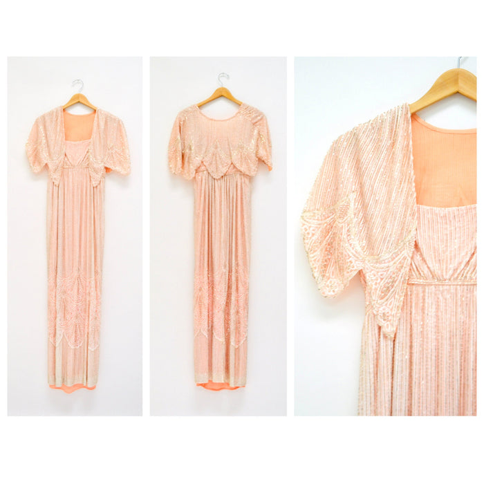 70s Vintage Alfred Bosand Pink Beaded Lace Dress and Capelet White Silver // Vintage White Lace Wedding Dress Evening Gown Beaded Shawl