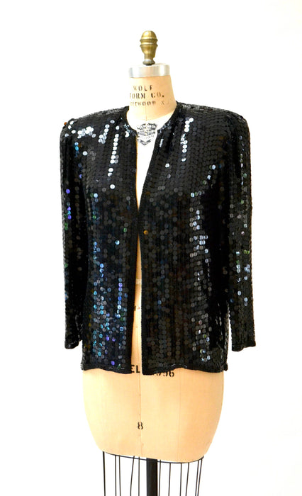 Vintage Black Sequin Jacket Small Medium// Black Silk Sequin Metallic Jacket 80s Trophy Sequin Jacket Small Medium