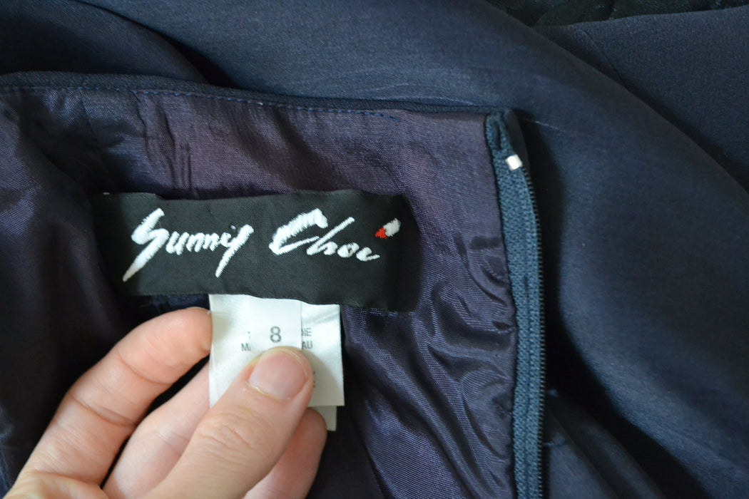 80s Vintage Party Prom Dress Medium Large Dark Navy Blue Poof Sleeves // Vintage 1980s Evening Gown Large Trophy Wife Dress Dynasty Dress