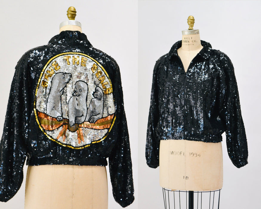 Vintage Sequin Jacket by Modi Seal Save The Earth Day Sustainable Fashion // 80s Glam Vintage Black Sequin Jacket Animal Lover Jacket