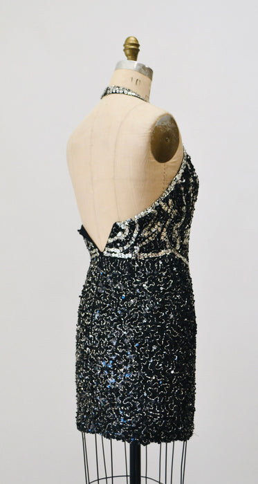 90s Y2K Vintage Black Sequin Party Dress Black Silver Sexy Sequin Halter neck party Cocktail Dress XS Small Black Club Sequin Tank Dress