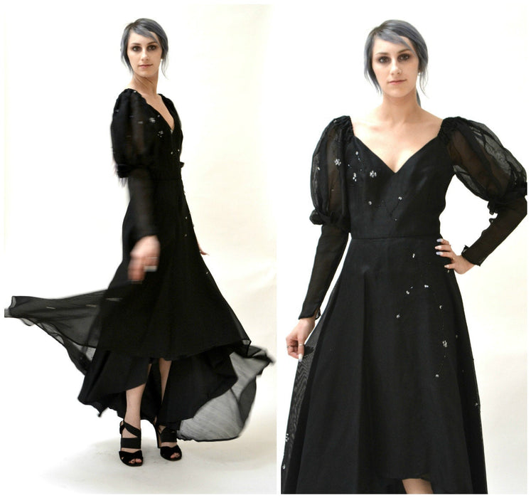 Black Silk Evening Gown Dress Size Small Medium Open Shoulder// 80s Black Dress Size Small Medium Black Silk Dress Beaded Evening Gown