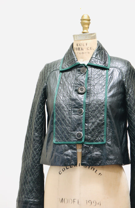 Vintage Just Cavalli Dark Green Leather Quilted Jacket XS Small Roberto Cavalli Leather Jacket// Vintage Green Moto Swing Leather Jacket