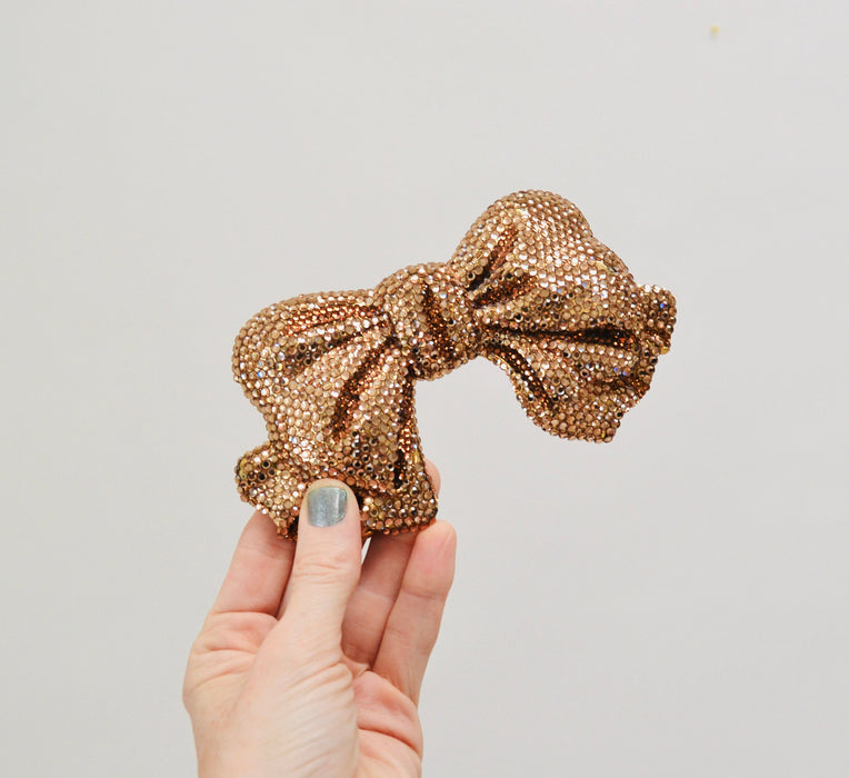 90s Vintage Katherine Baumann Beverly Hills Swarovski Crystal Rose Gold Bow Belt Buckle Metallic Rhinestone Belt Buckle Large BOW