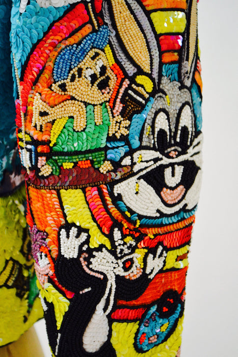 Vintage Jeanette Kastenberg Platinum Sequin Jacket Looney Tunes Bugs Bunny Warner Brothers Cartoon Comic Beaded Jacket Small