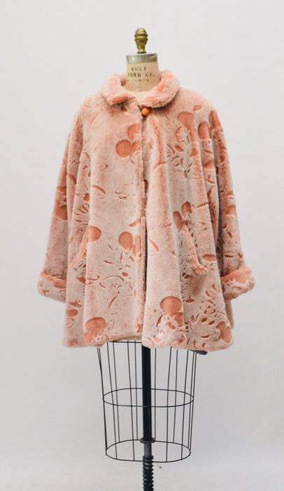 Vintage Pink Faux Fur Jacket Coat with Mickey Mouse Disney 90s Animal Print Peach Faux Fur Coat by Apparence Paris Medium Large