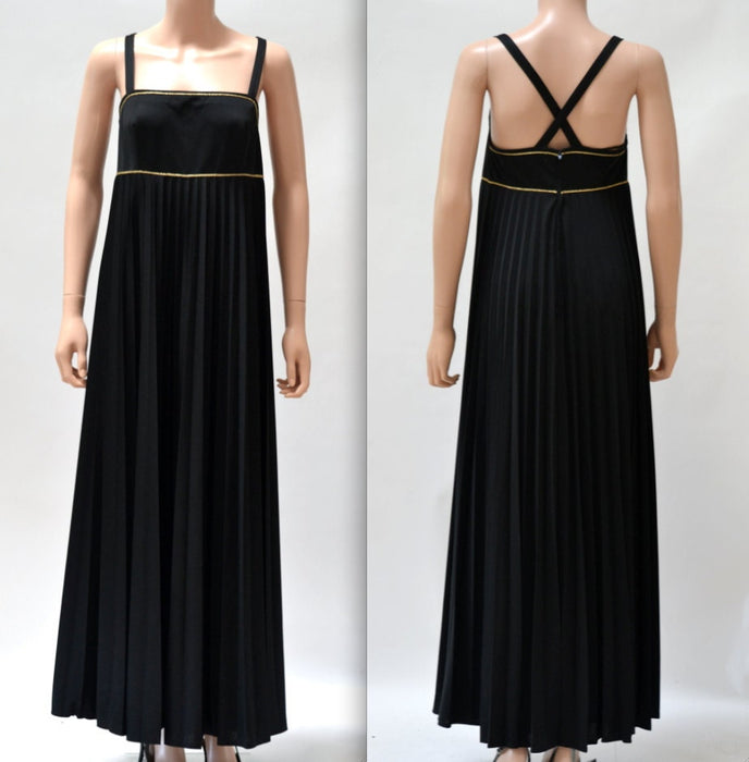 70s Vintage Black Maxi Dress Black And Gold Long Dress Small // Vintage Black Pleated Maxi Dress Long Bridesmaid Evening Gown Trevira