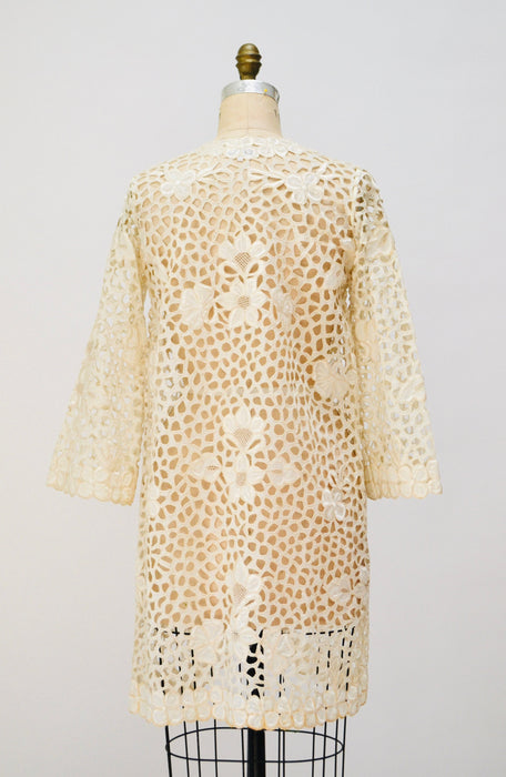 Vintage Cream Off White Cotton Eyelet lace Jacket Duster Cream Lace Jacket Beach Cover up Small Medium Lace Beach Wedding Jacket Rustans