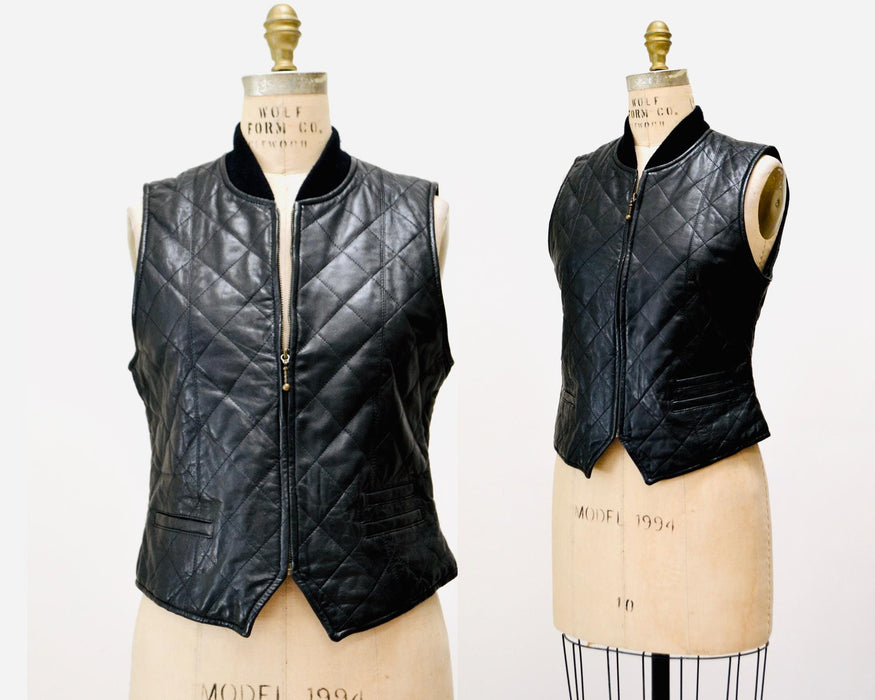 90s Vintage Black Leather Vest Black Quilted Leather Biker Vest Tank Top// 90s Biker Babe Fall Vintage Black Leather Vest Size Medium