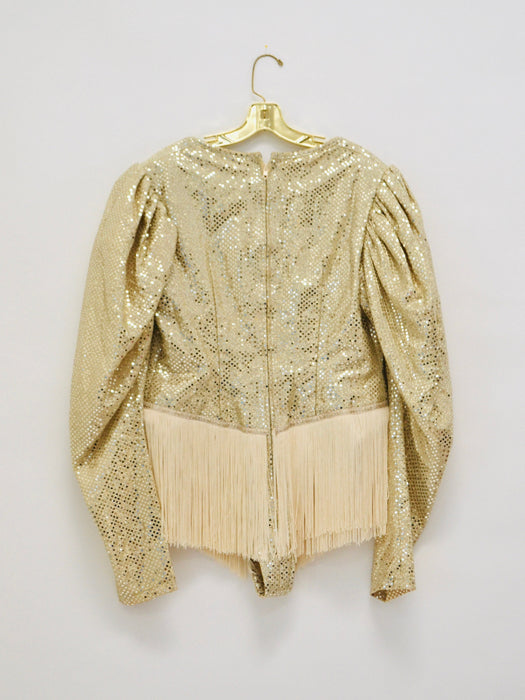 90s Gold Topless Fringe Bodysuit for Burlesque Drag queen thong Vintage Gold Metallic Party festival Fringe Bodysuit Showgirl Costume Large